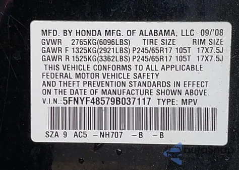 2009 Honda Pilot Ex-L z USA, uszkodzony, nr VIN 5FNYF48579B037117